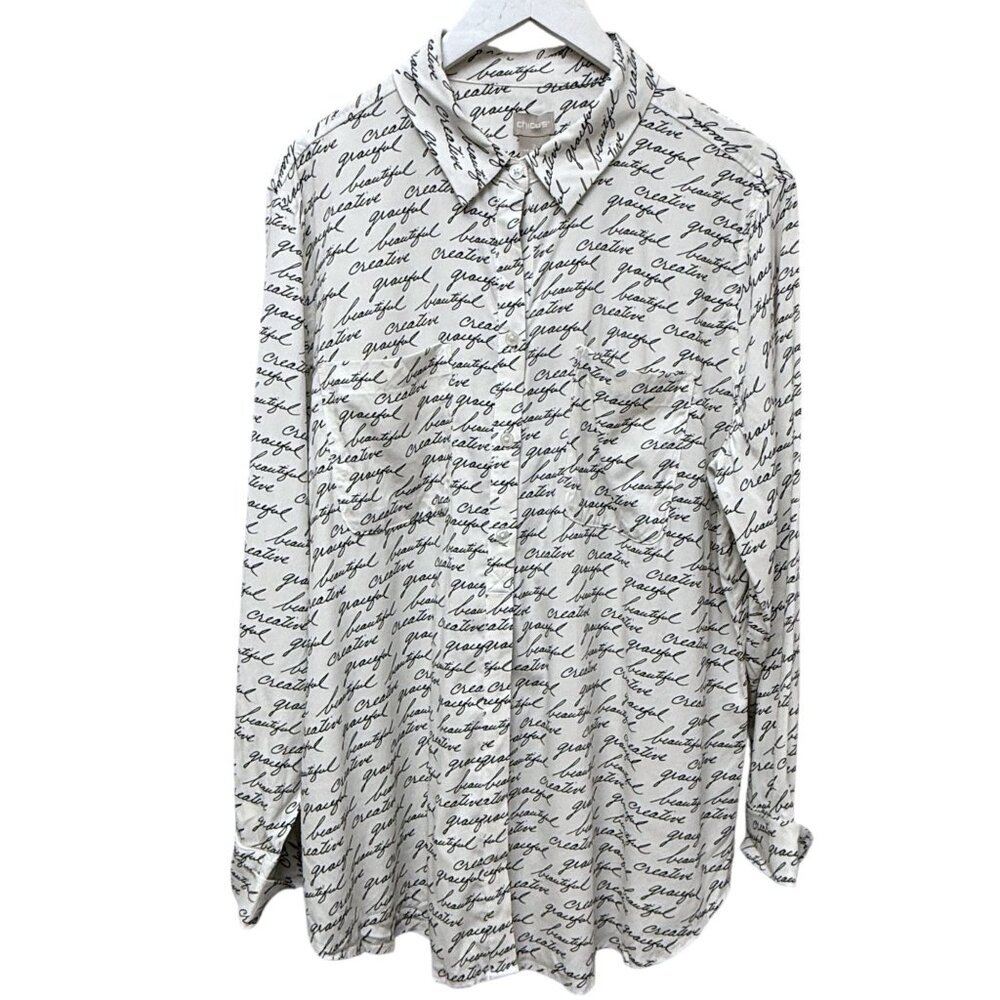 CHICOS Button Up Blouse Size 12 /14 (Chicos 2) Cream Black Script Modern Print